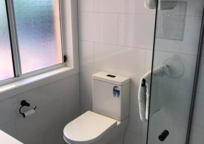 Toilet beside a frameless shower screen on patterned floor tiles