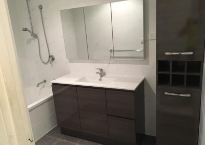Dark vanity with tall storage cabinet, mirror cabinet and shower over the bath