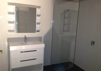White vanity with mirror cabinet beside a frameless shower with dark floor tiles