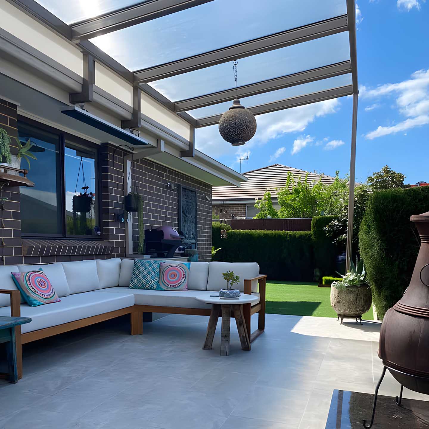 Outdoor lounge on a tiled patio under a glass-roofed pergola