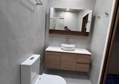 Ensuite with toilet, timber vanity and mirror cabinet, viewed from the doorway