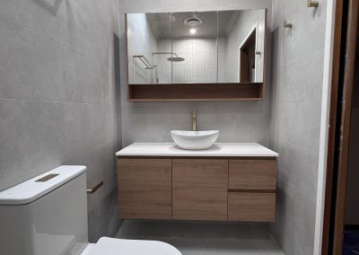 Ensuite toilet and floating timber vanity under a mirror cabinet, close view