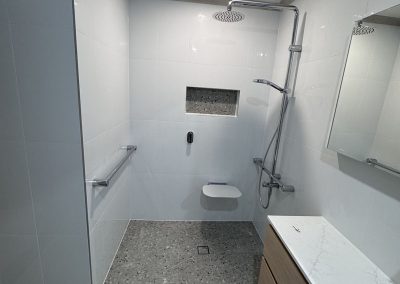 Walk-in shower with grab rail, shower seat, recessed niche and rail shower
